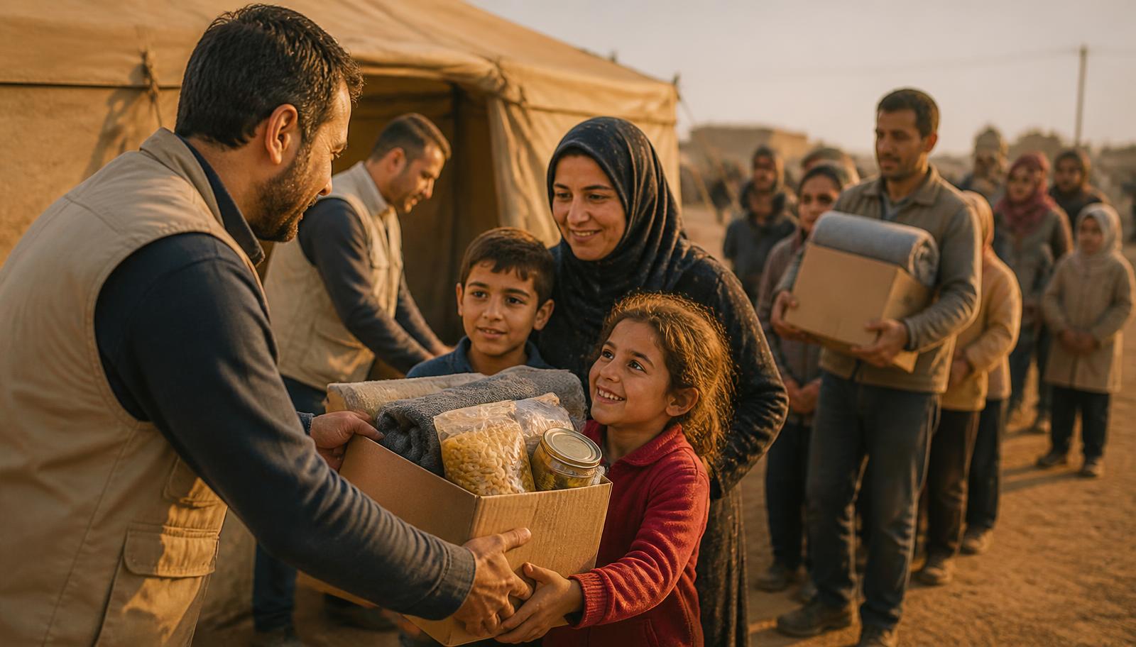 Humanitarian aid distribution showing volunteers delivering food and supplies to families in need